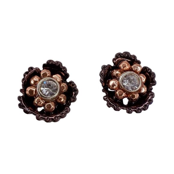 Rose Gold Rhinestone Flower Stud Earrings .25" Pierced - Picture 5 of 8